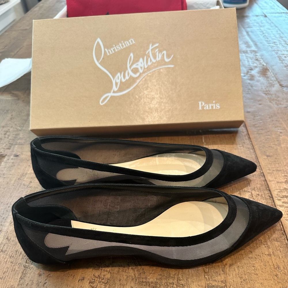 Christian Louboutin Galativi Suede & Mesh Flat, Black, Size 39 or US Size 8.5